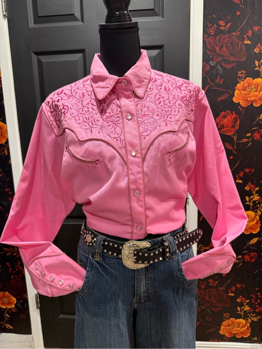 New Panhandle Embroidered Western Retro  Pearl-snap Pink Button Down Sz Xl Slim